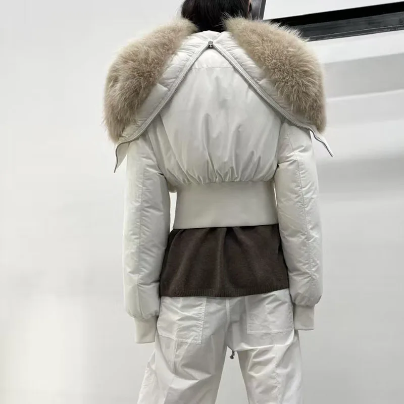 Mit Daunen gefüllter Schalmantel für Damen, langärmelige warme Jacke mit großem Pelzkragen, hochwertiger, taillierter Parka, 2025, neu