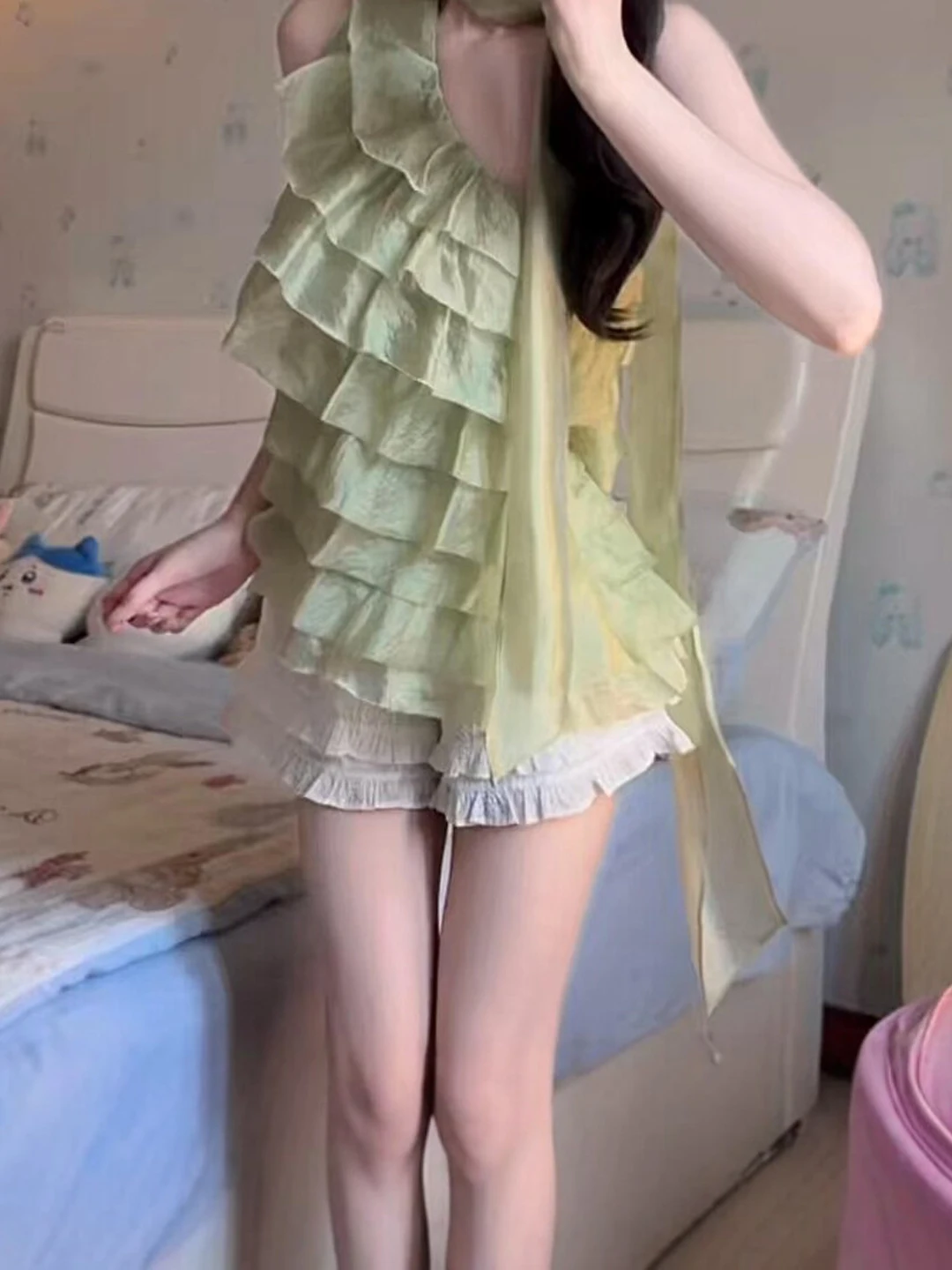 

Unique Design Cake Shoulder Strap Vest Beautiful Ladies Top Summer 2026 Cotton Regular Fit Asymmetrical Outwear for Women