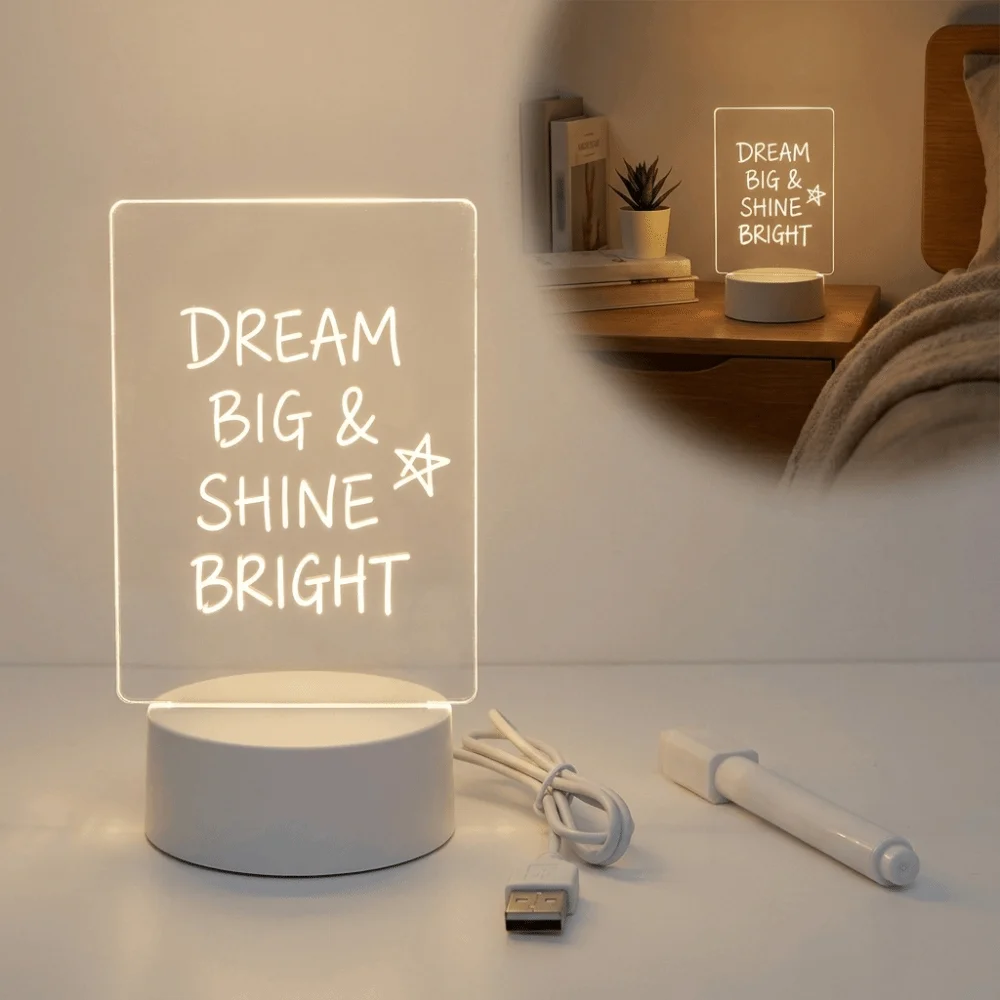 Transparent Acrylic Message Board Night Light USB Powered Write and Erase Acrylic Writing Board Warm Light 3D Glow Effect