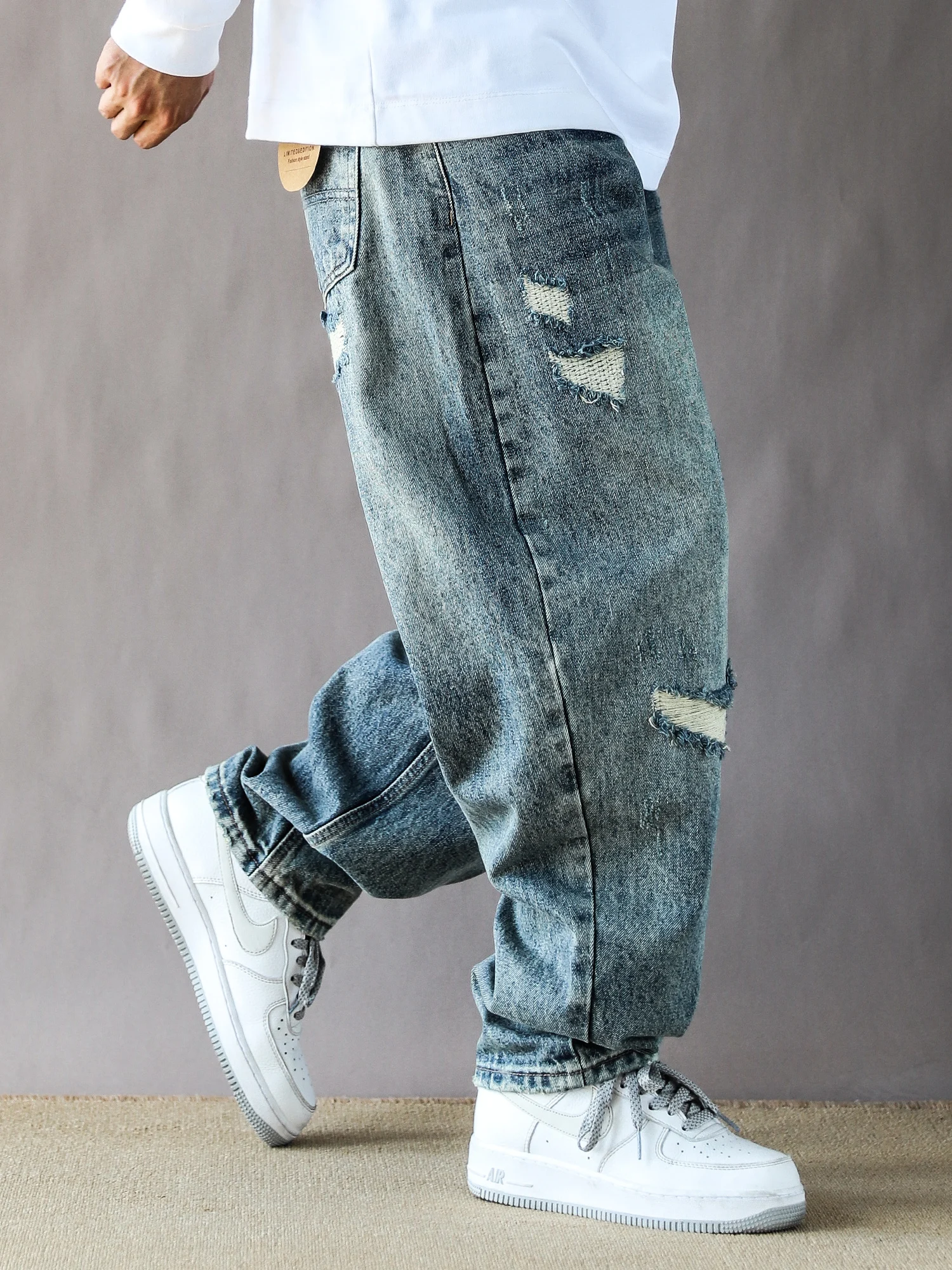 

Ретро-джинсы в японском стиле для мужчин, повседневные, свободного кроя, прямые, весна-осень, модные, абсолютно новые, американский уличный стиль, с дырками, длинные.