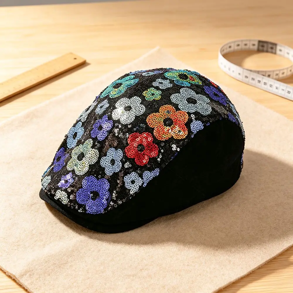 Fashion Ethnic Newsboy Hat Women Adjustable Beret Cap Vintage Heavy Sequin Flower Retro Artistic Painter Headwear