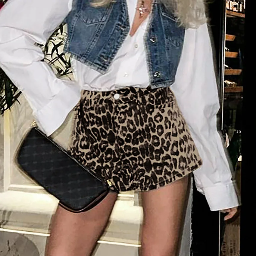Summer European and American Retro Casual Leopard Print Pure Cotton Low Waist Slim Fit Street Wide Foot Shorts for Women
