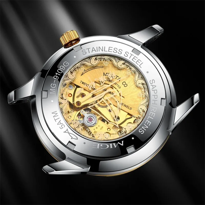 MIGE Original Miyota Automatical Mechanical Watch for Couples Calendar Diamond Sapphire 24K Gold Stainless Steel Wristwatch
