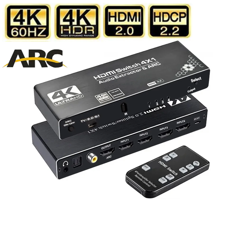 Przełącznik HDMI 4K 60 Hz z ekstraktorem audio 4-IN-1 wyjście HDMI 2.0 Przełącznik Audio Extractor Rozdzielacz HDMI 4 w 1 Przełącznik audio HDR HDCP