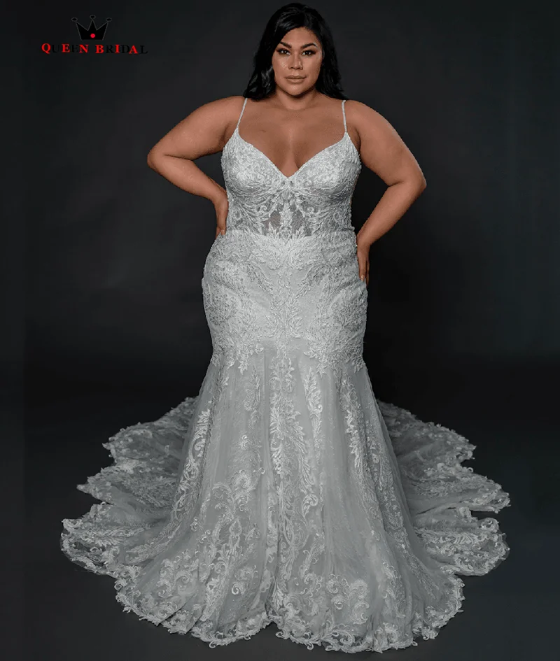 Spaghetti Straps V-neck Plus Size Wedding Gown for Bride vestido de noiva sereia Applique Lace vestido de novia Custom Made RG25