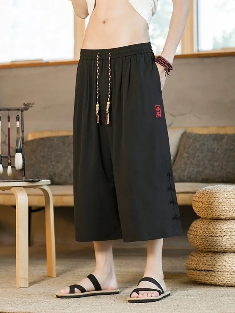 

Men's Summer Loose Ice Silk Wide Leg Pants Straight Casual Thin Seven-Foot orts Comfortable Breathable Lightweight Trousers