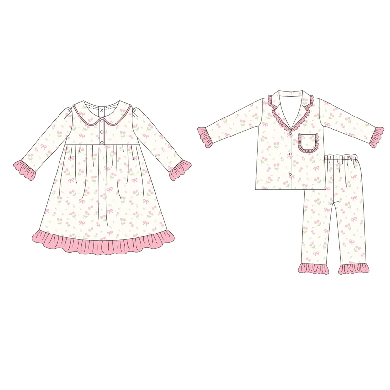 سروال دانتيل بياقة طبقات وأكمام طويلة مع جيوب وأزرار - فستان وردي طازج متطابق للفتيات - بيع بالجملة #1