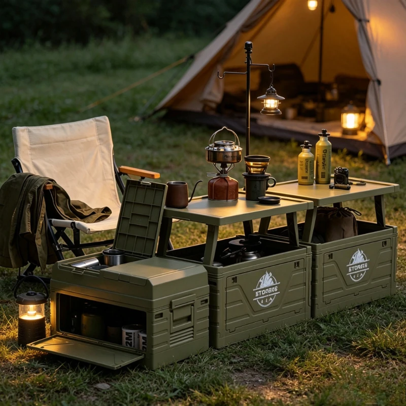 Foldable Camping Storage Box with Tabletop Lid Side Opening Stackable Car Trunk Organizer Outdoor Picnic Travel Gear 수납 박스
