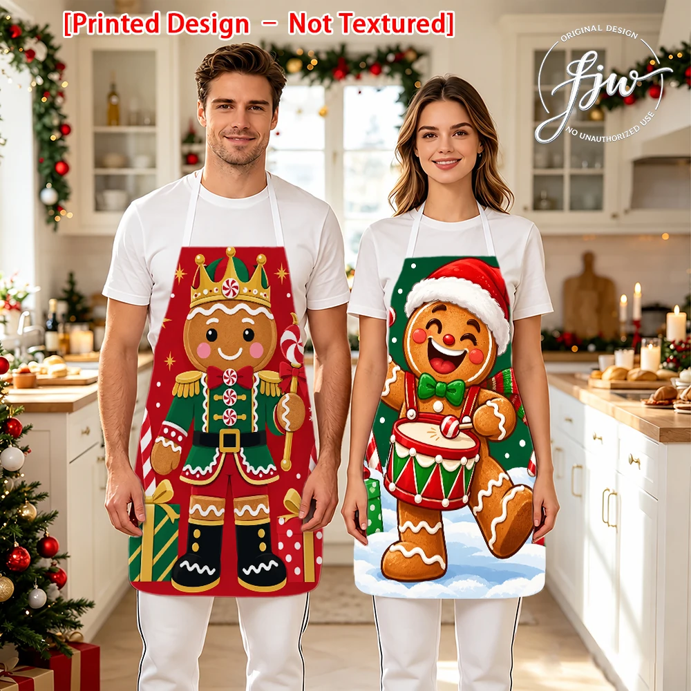 2pcs Christmas Couple Aprons, Gingerbread Santa Nutcracker Printed Xmas Kitchen Aprons for Holiday Party Cooking Baking