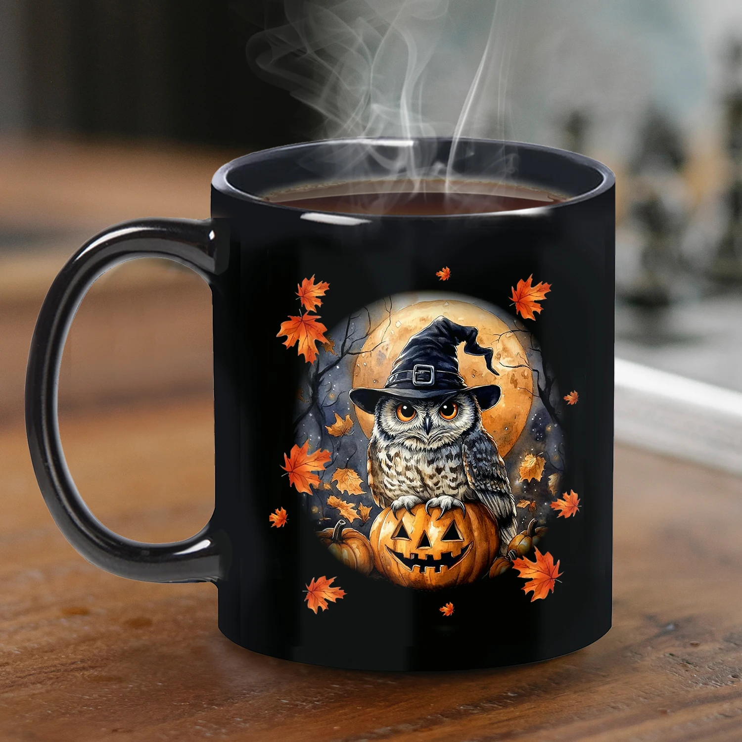 1pc,Owl Witch and Pumpkin Halloween Mug,maple leaves 11oz Ceramic Coffee Cups, Novelty Halloween Gifts (Black)