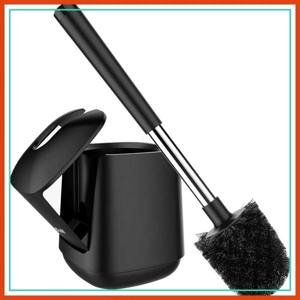 

Self-Closing Toilet Brush Set with Holder, Extra Long Handle, Nylon Bristles, Black
