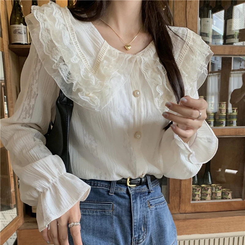 Spring Long Sleeve Shirts Women Lovely Lace Peter Pan Collar Tops Gentle Chic Female Aesthetic Clothes Stylish Camisas De Mujer