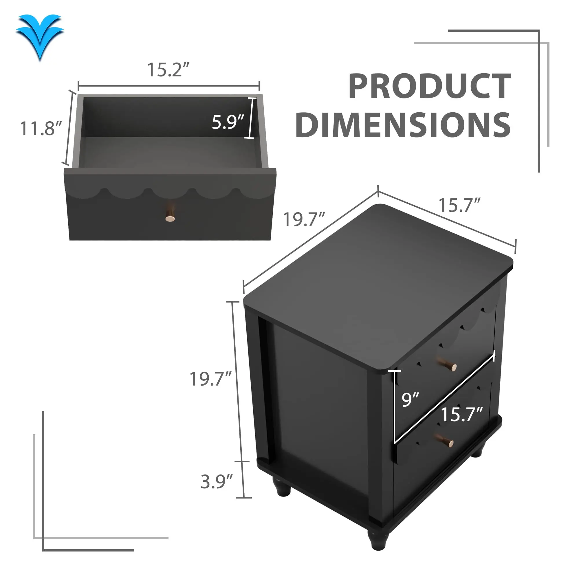 حامل ليلي حديث باللون الرمادي والأبيض والأسود مقاس 23.6 بوصة، طاولات بجانب السرير لغرفة النوم من MDF، منضدة خشبية فاخرة