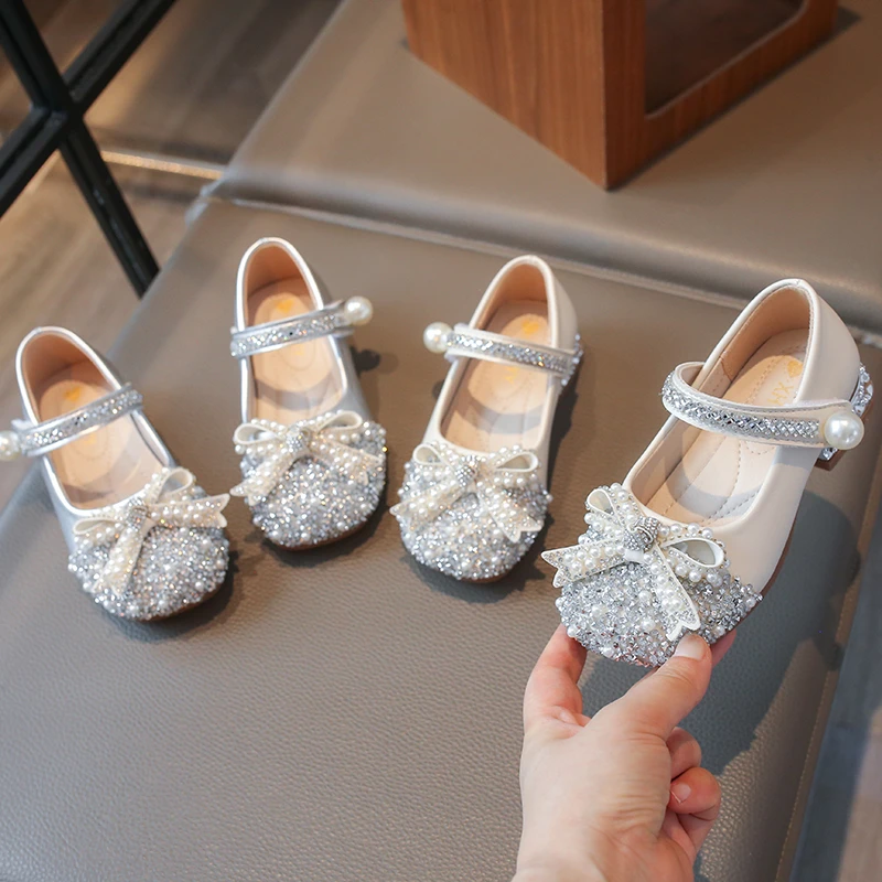 *Children's Best-selling Spring and Autumn Student Pearl Flat Girls' Shoes Retro Fashion Comfortable Bow Elegant Casual Boots