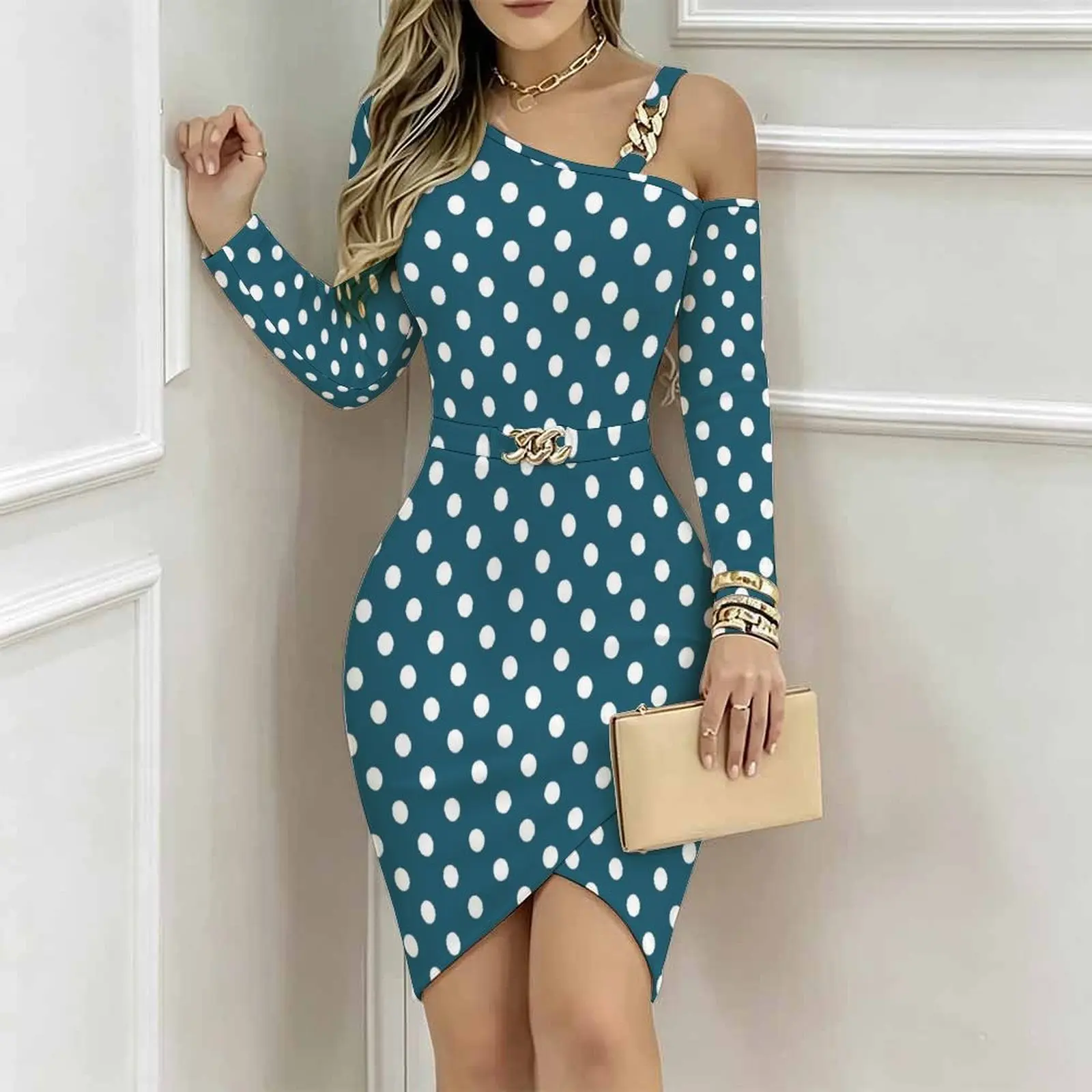 Women One Shoulder Bodycon Midi Dress Chain Strap Detail Metal Buckle Belt Irregular Split Hem Slim Fit Custom Print Part Dress