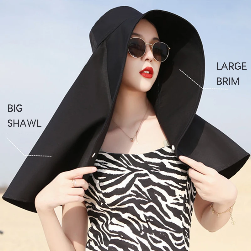 Extra Large Brim Sun Hat for Women Neck Protection Shawl Hat Summer Sunshade Anti-UV Visor Cap Outdoor Vacation Travel Beach Hat