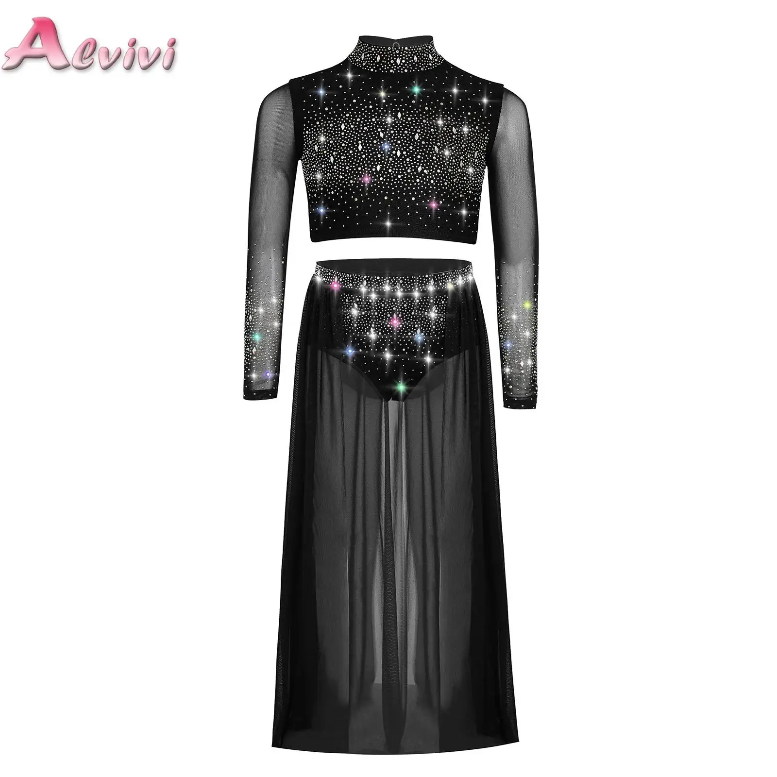 

Kids Girls Modern Lyrical Dance Costume Outfit Long Sleeve Crop Top with Mesh Maxi Skirt Gymnastics Ballet Skating Dance Clothes