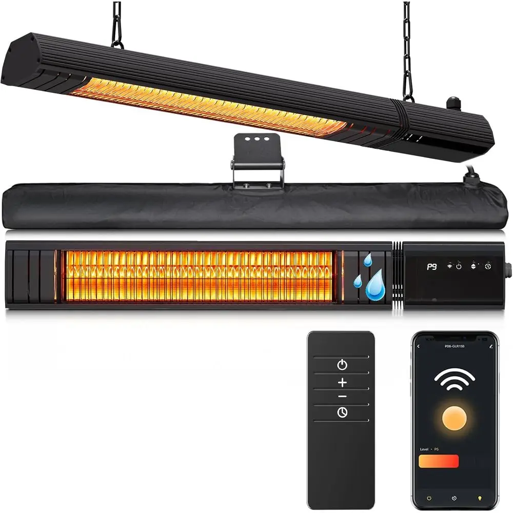 

Потолочный электрический уличный обогреватель с Wi-Fi управлением, настенный, для патио, 1500 Вт, инфракрасный, 9 уровней нагрева, 24-часовой таймер, трубка из углеродного волокна