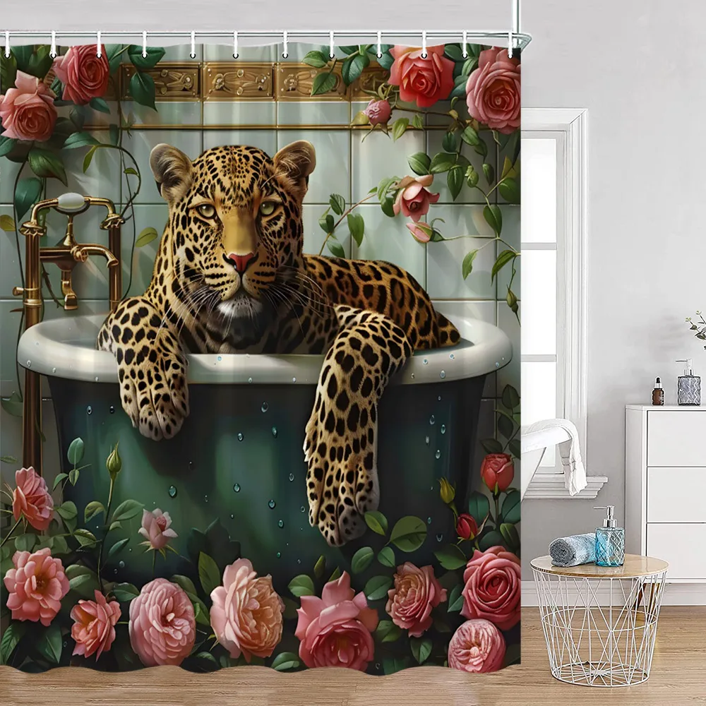 Wild Animals Shower Curtain Tiger Forest Elegant Panther Green Palnts Rose Floral Home Decor for Bathroom Polyester Bath Curtain