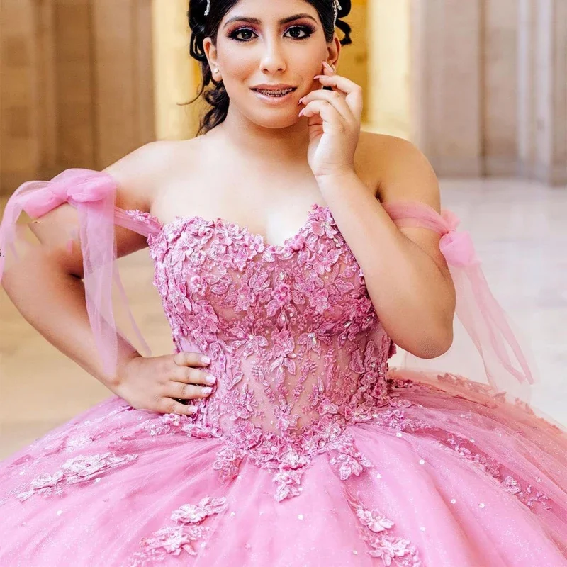 Plus Size rosa Ballkleid 15 Jahre alte Quince anera Kleider mit 3D-Applikationen von der Schulter Vestidos de 15 Años