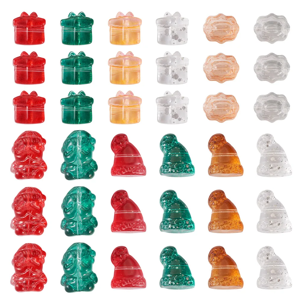 72Pcs Christmas Themes Transparent Glass Beads Gift Box Candy Santa Claus Christmas Hat Loose Beads for DIY Jewelry Making