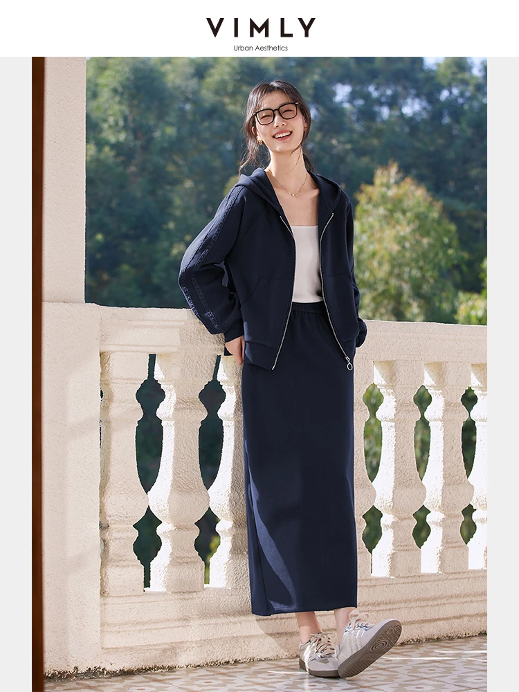 

VIMLY 2 Piece Casual Outfits Woman Zip Hoodies Skirt Set 2025 Navy Blue Hooded Jacket Straight Long Skirt Women's Suit A0538