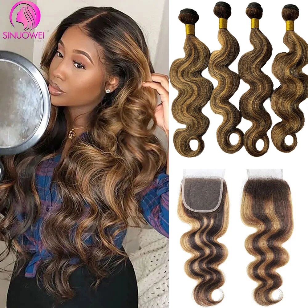 13×4 Brazilian Body Wave Human Hair Honey Blonde Body Wave Bundles With Closure Colored Highlight Weave Bundles