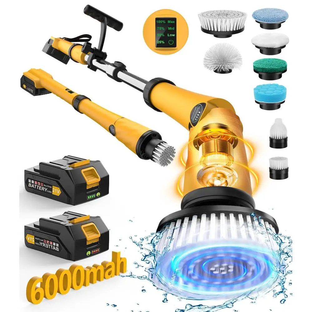 Electric Spin Scrubber Extra Large Brush Battery Power Cleaning IPX7 Waterproof Design 1200RPM Cordless Shower 8 Brushes