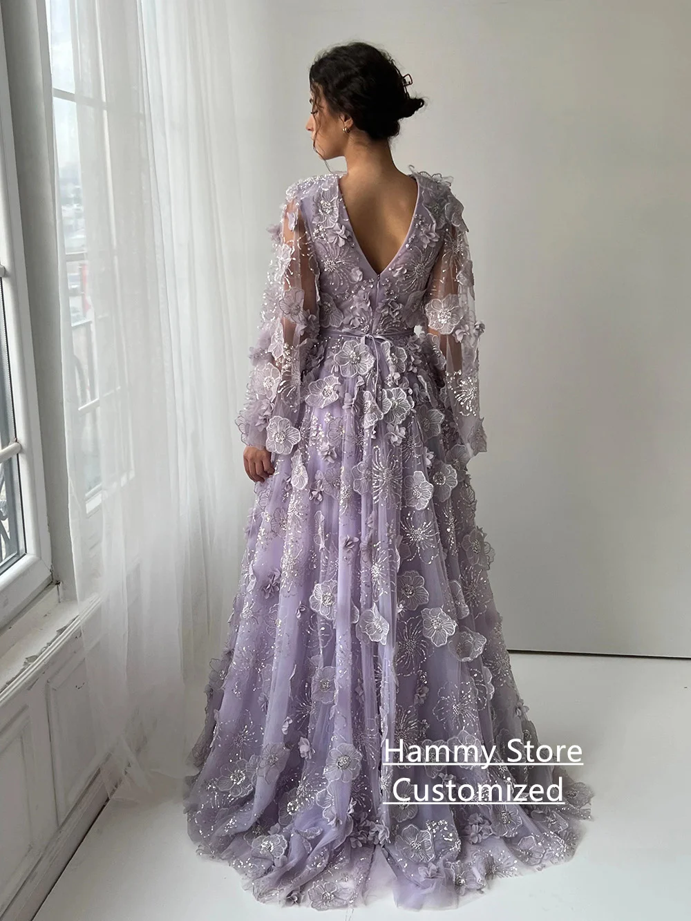 หรูหรา Lilac ชุดราตรีที่กําหนดเองแขนยาว V คอดอกไม้ประณีตลูกไม้สายวันเกิดพรรคชุดราตรีชุด