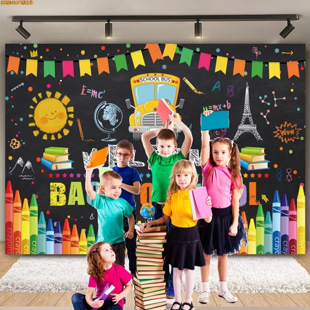 

Welcome Back To School Theme Photography Backdrops Classroom Blackboard Globe Pencil Book Students Photo Studio Background CB-01