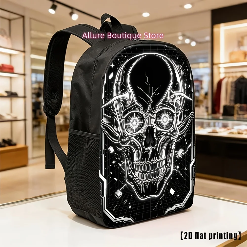 Black And White Cool Line Art Futuristic Geometric Skeleton Print Casual Backpack, Unisex Lightweight Backpack Suitable for Dail