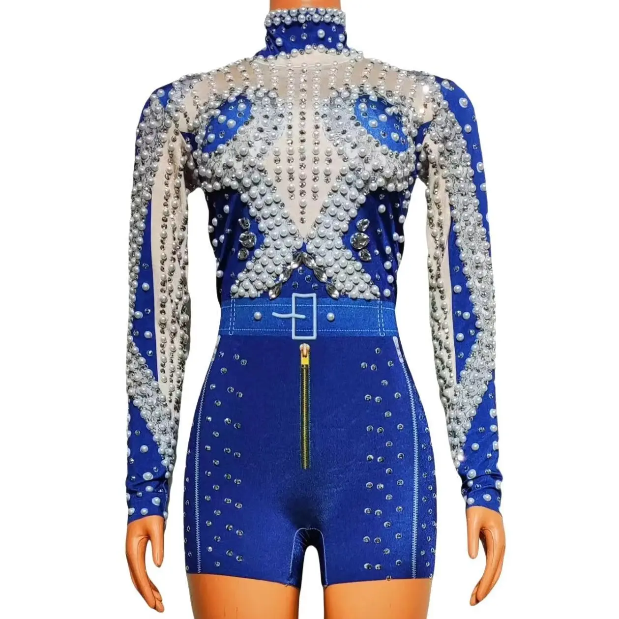 

Sparkly Pearls Rhinestone Singer Club Bar Stage Costume Skirt Sexy Dance Bodysuit Party Nightclub Festival Celebration Prom Xibu