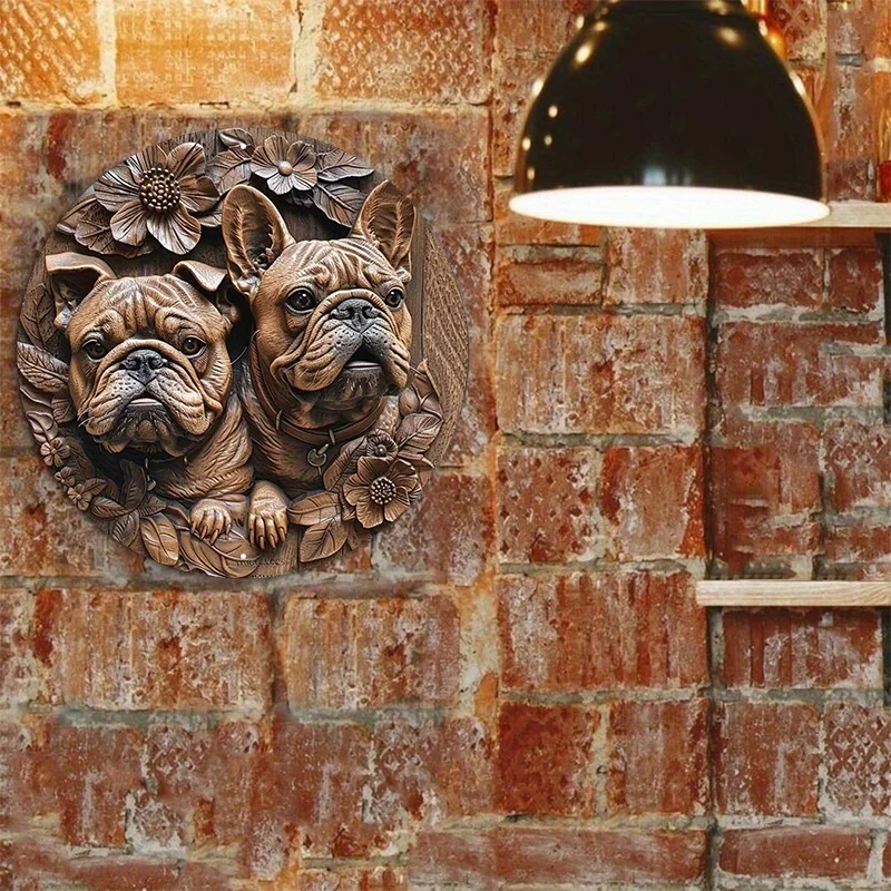 Round French Bulldogs Aluminum Metal Sign, Decorative Door Hanger, Wall Art, Wreath Sign