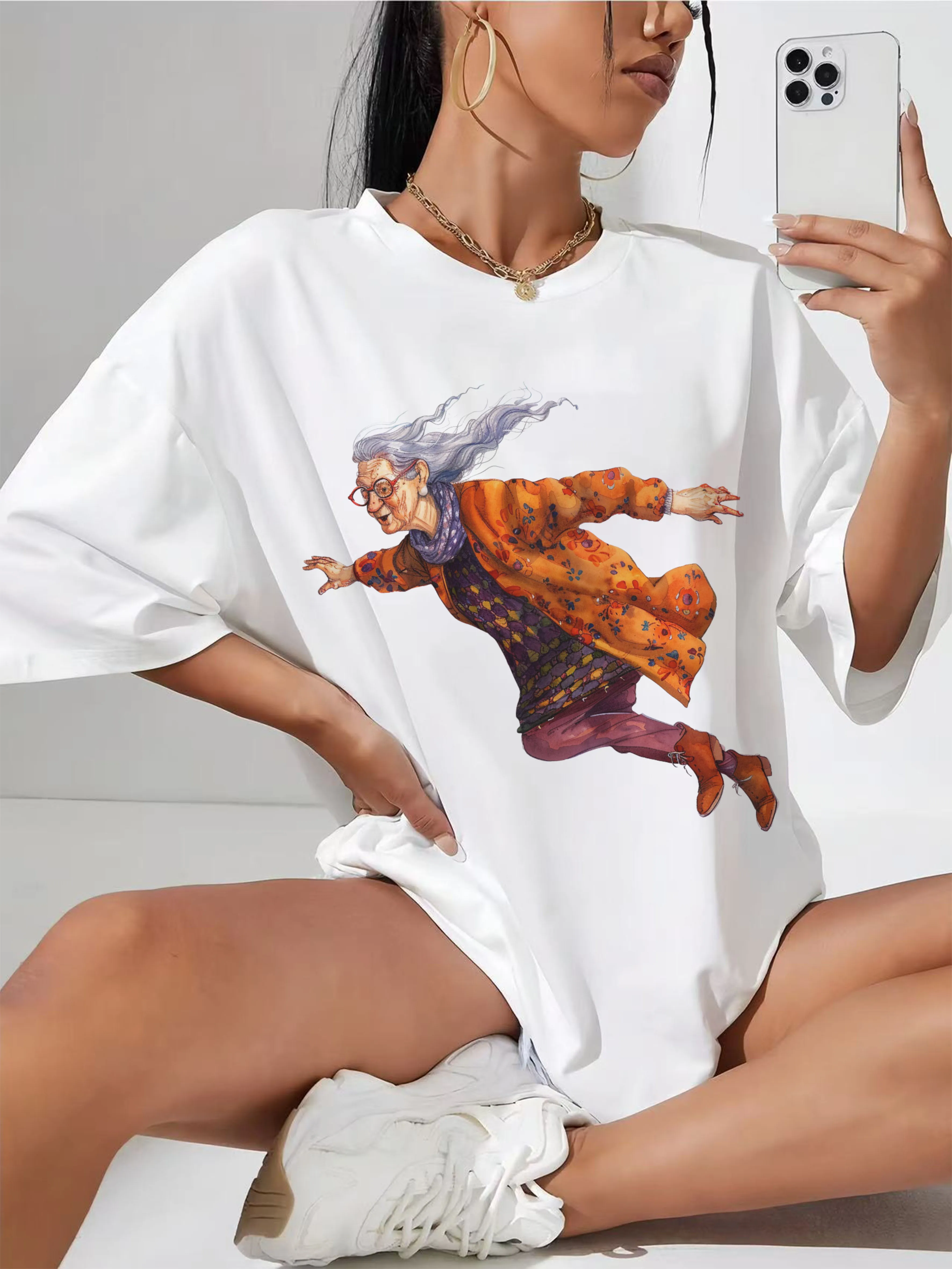 

Quirky-Whimsical-Crazy-Grandma-Clipart White Women's T-Shirt Stylish Round Neck Perfect for Maternity Comfortable Summer Wear