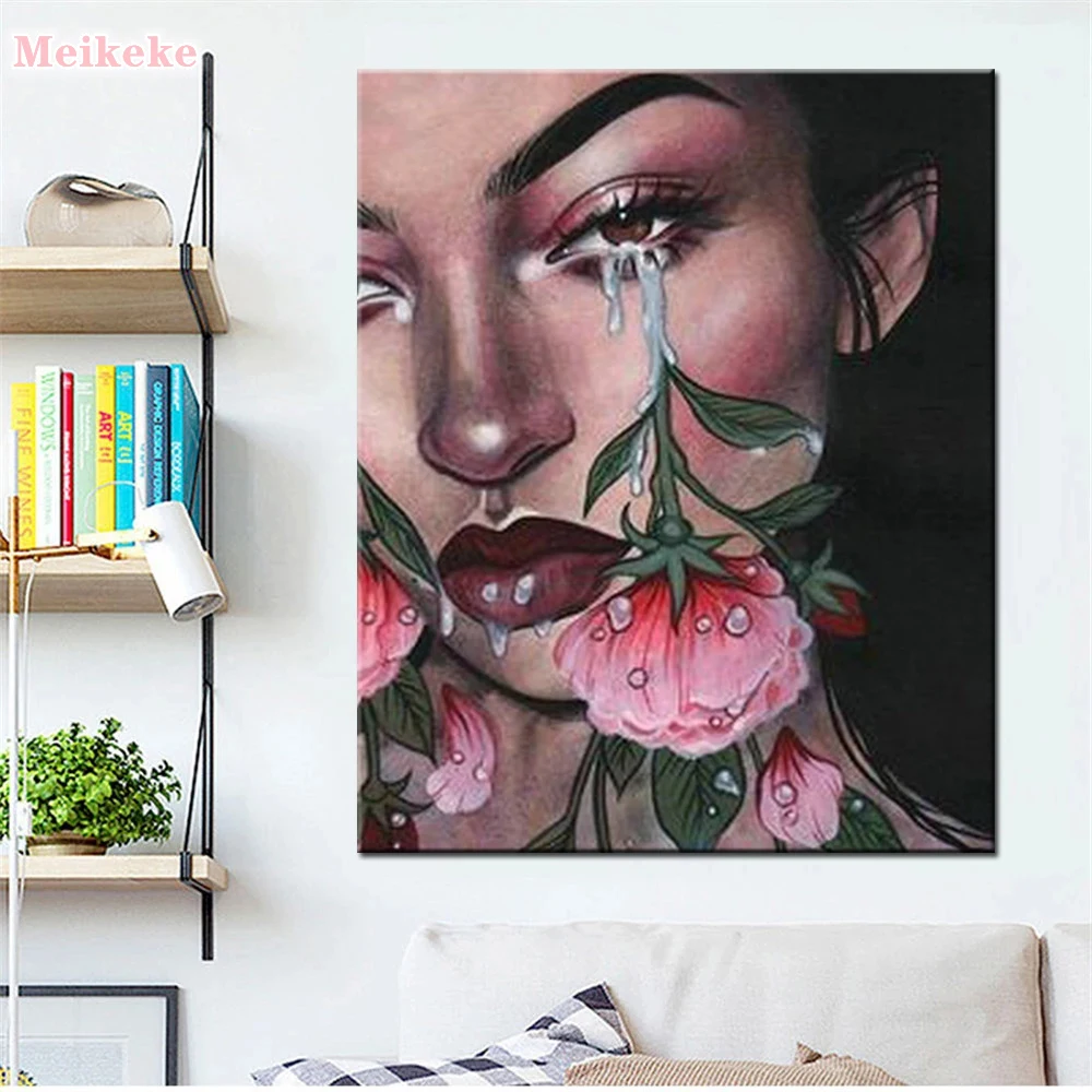 Full Round Drill Diamond 5D Floral Tear Girl Embroidery Cross Stitch Picture Mosaic Wall Art Handmade Gift Painting Home Decor