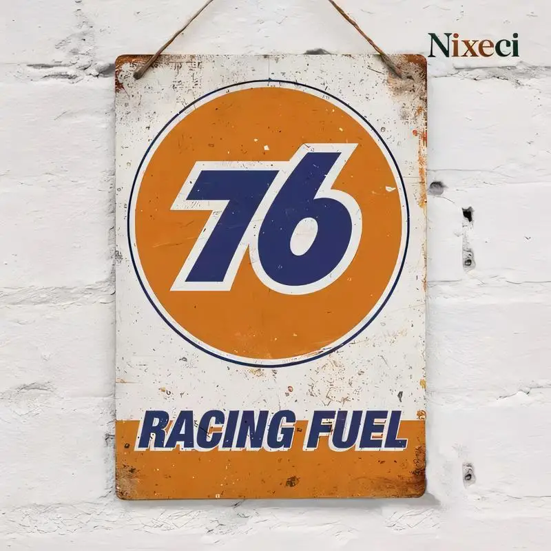 Vintage Distressed 76 Racing Fuel Metal Tin Sign - Retro Orange-Blue Logo Wall Art, Iron, for Garage/Bar Retro Decor, 2D Flat De