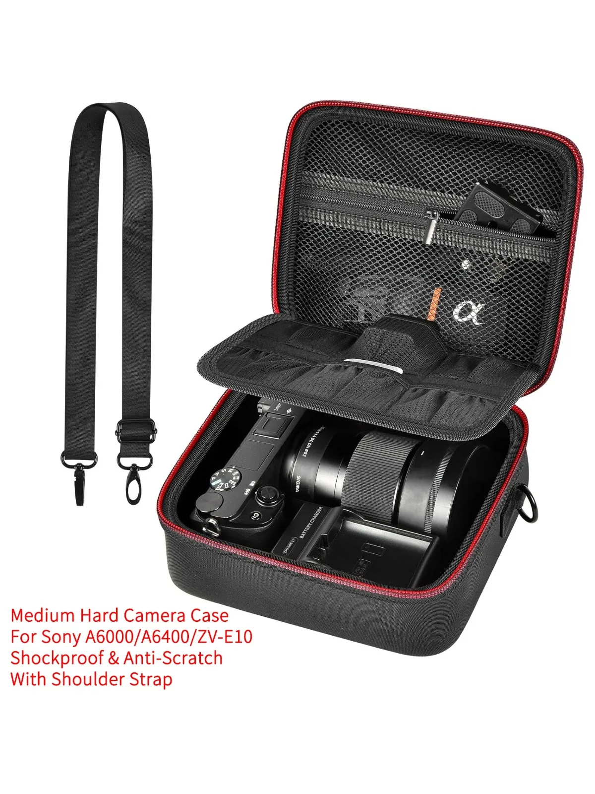 Für Sony ZV-E10 A6400 A6000 A6100 A6600 A6500 Hartschalenkameratasche (Mittelgroß, nur Kit-Objektiv), Schutztasche mit Schultergurt & Trennwand