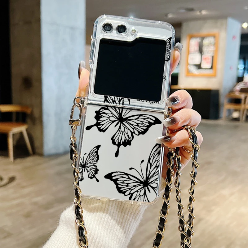 Crossbody Lanyard Rope Case For Samsung Galaxy Z Flip 6 5 4 3 5G Flip6 Flip5 Flip4 Soft TPU Butterfly Print Clear Phone Cover