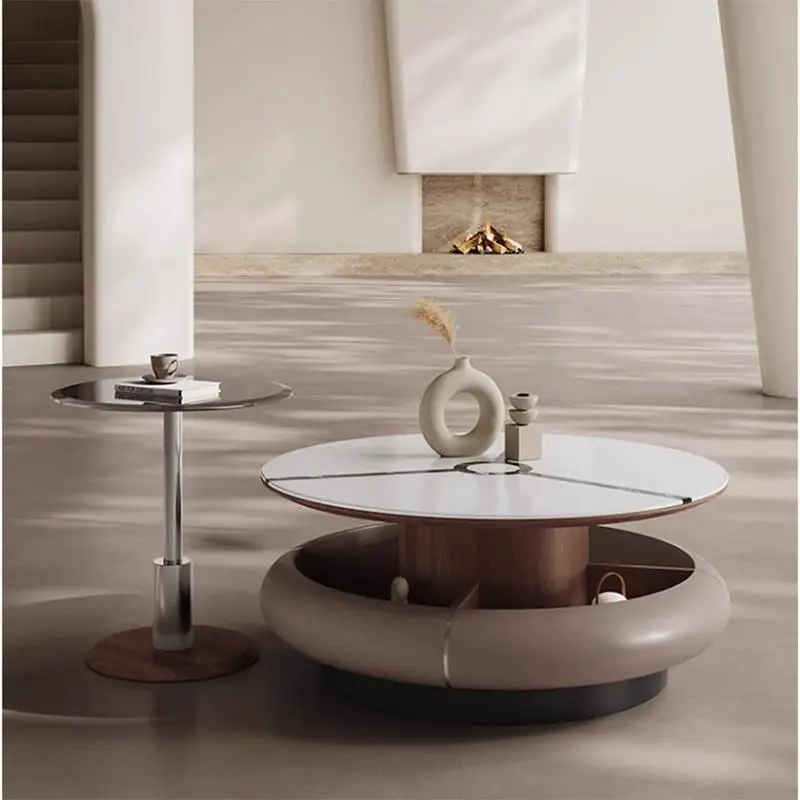 Stone small apartment round coffee table combination cream wind simple multi-functional extension
