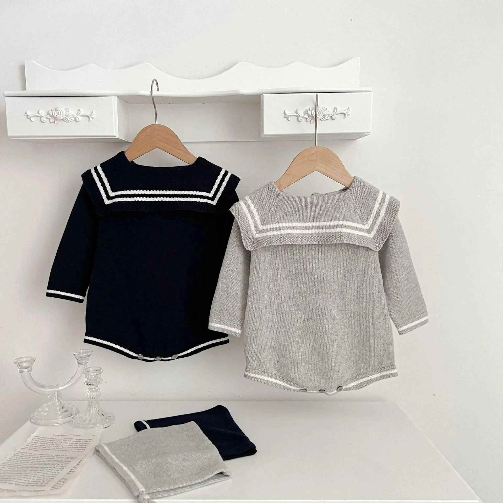 

2024 Autumn Baby Boys Rompers Cotton Knitted Long Sleeve Sailor Collar Infant Boys Bodysuit With Hat Toddler Boys Outfits