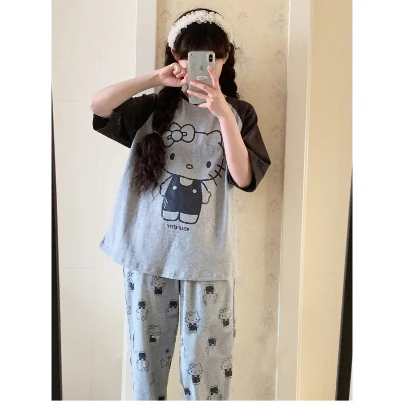 Hello Kitty Japanese Cute Sweet Cartoon Kawaii Pajamas Women Short-sleeved Home Suit Cotton Absorb Sweat Breathable Sleepwear