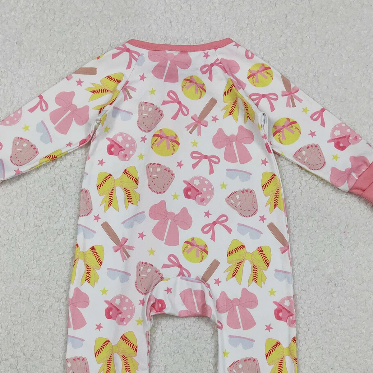 Baby Mädchen Pink Bows Baseball Team Cabrio Strampler Langarm Zwei-Wege-Reißverschluss Softball-Outfit für die Kleinen