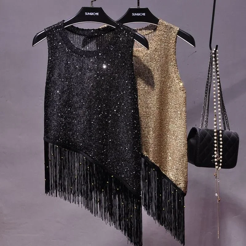 The New Summer Sexy No Rules of Gold Sequins Tassel Vest Outside The Small Condole Wear Sleeveless Knitted Bead Piece