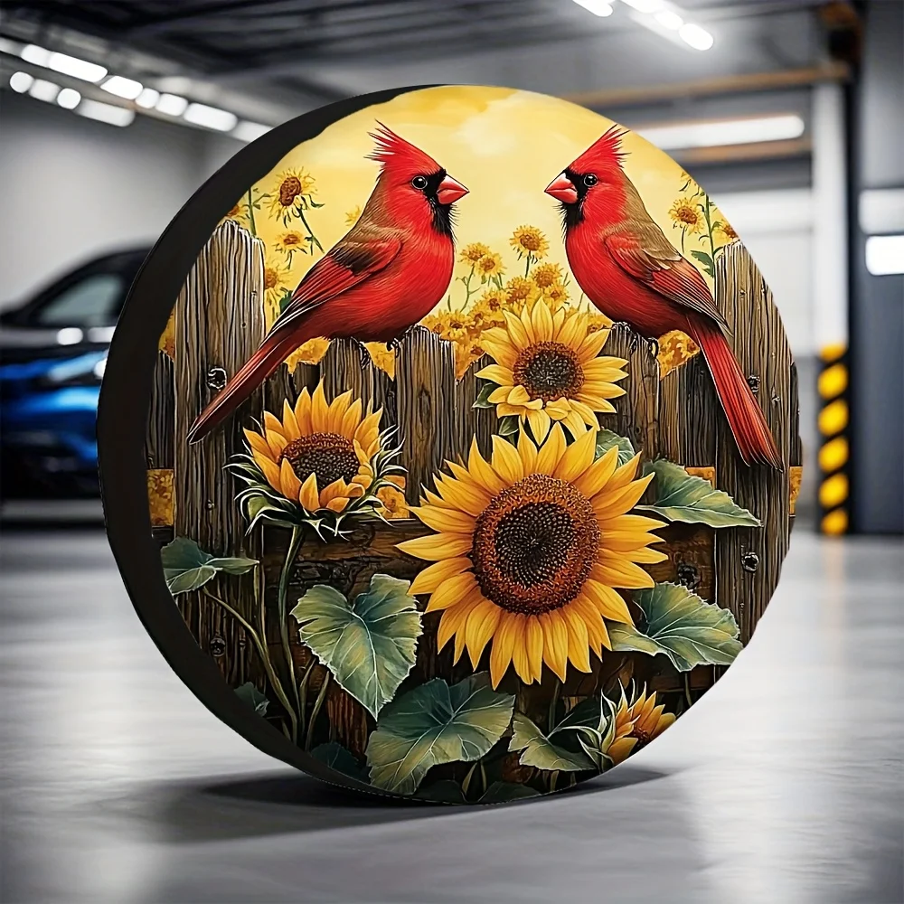 1pc Universal Cardinal And Sunflower Spare Tire Cover, Durable Fabric, Fits Most Cars, SUVs, And Trucks, Road Trip Essentials, W