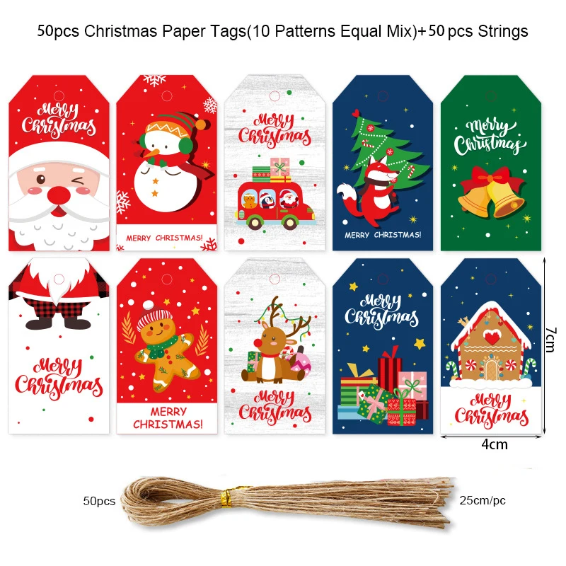 50pcs Merry Christmas DIY Kraft Tags Christmas Decoration Gift Wrapping Xmas Tree Hanging Label Navidad New Year Kids Gift card