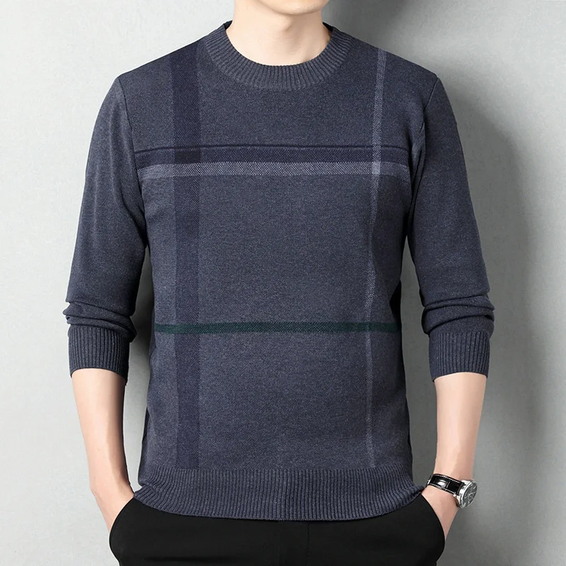 Middle Aged Men Dad Style Sweater Crew Neck Pullover Long Sleeve Knitted Shirt Autumn Winter Thickened Warm Base Layer Top