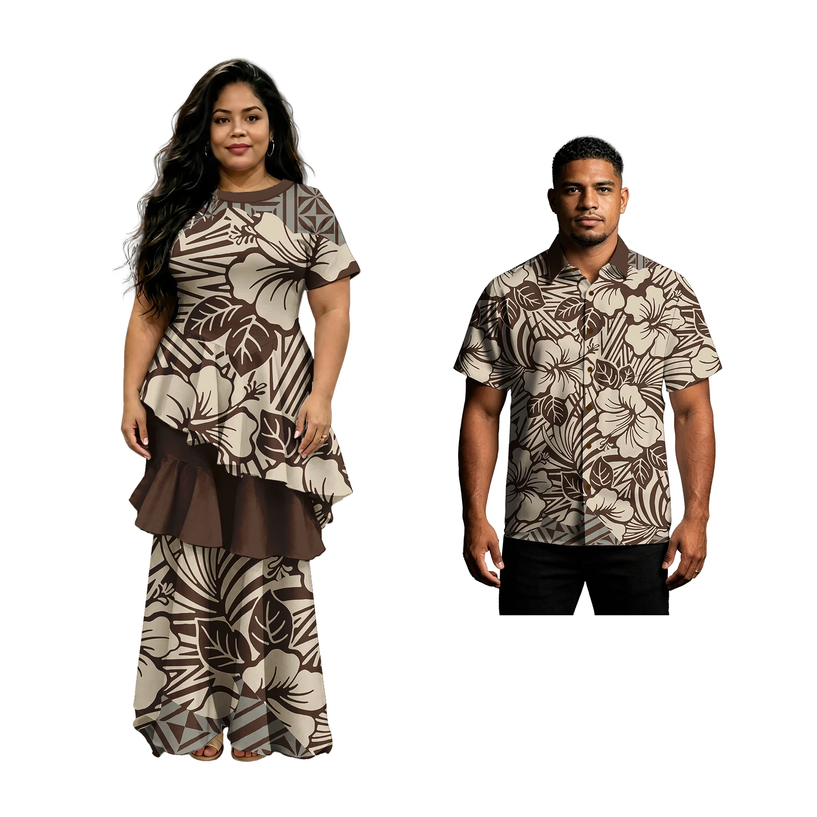 Custom Turn-down Collar Ruffles Design Matching Couple Outfits Island Tropical Pattern Women Samoan Dress Men Aloha Shirts Cozy