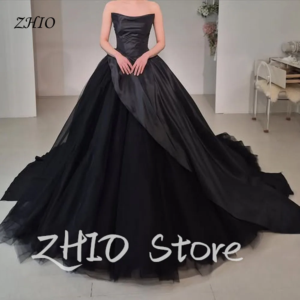

ZHIO Simple Black Prom Dresses Korea Photo Shoot Strapless A Line Wedding Party Gowns Sleeveless Soft Tulle Customized