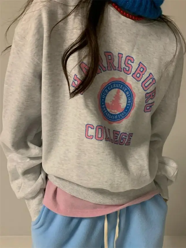 

Новая модная женская толстовка с круглым вырезом и буквенным принтом в корейском стиле, свободного кроя, для осени и зимы, любимая блогерами