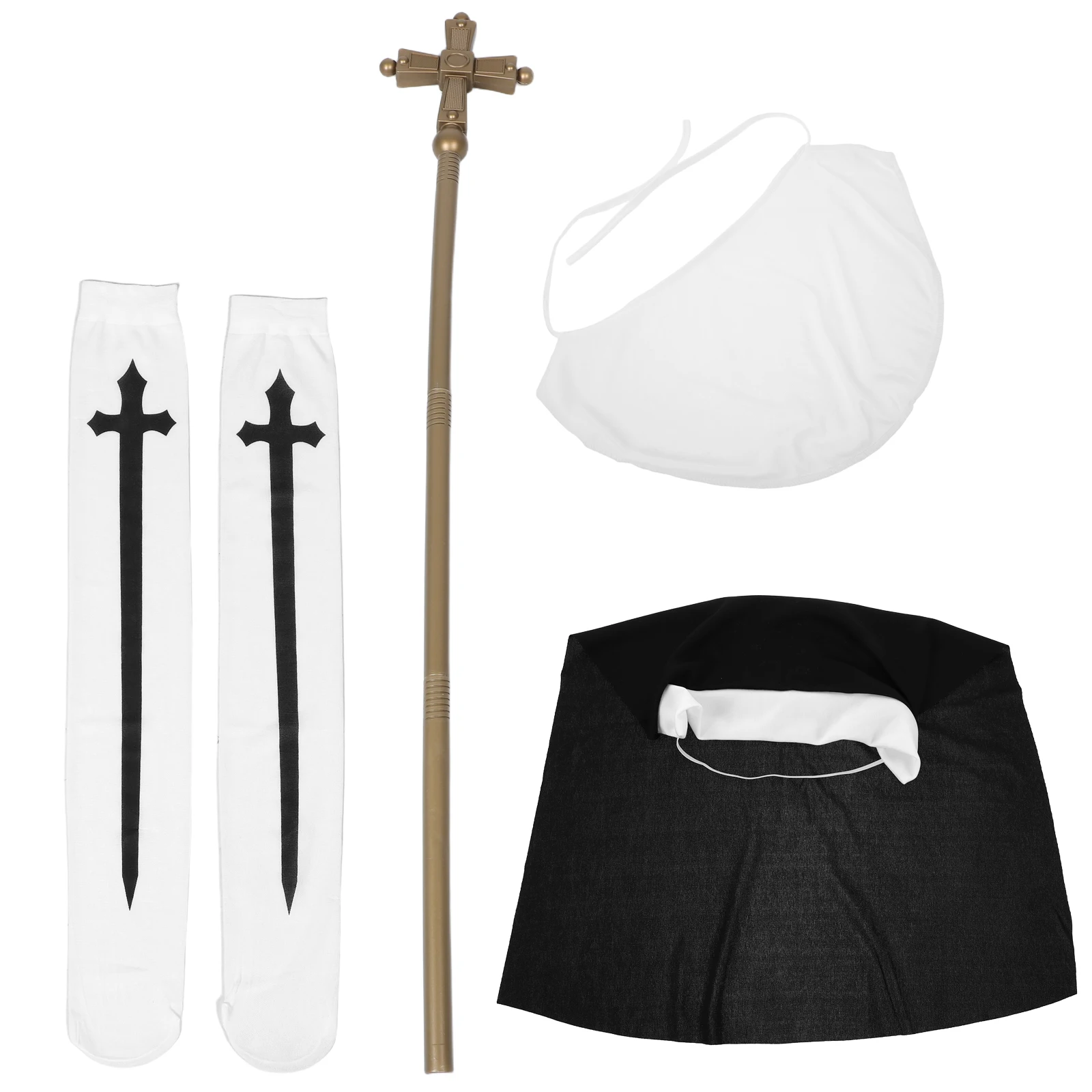 

1Set Halloween Nun Costume Set Women Halloween Costume Cosplay Outfit Collar Hat Stockings Cross Wand Party Decoration